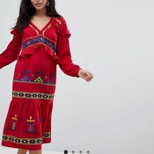 red embroidered midi dress